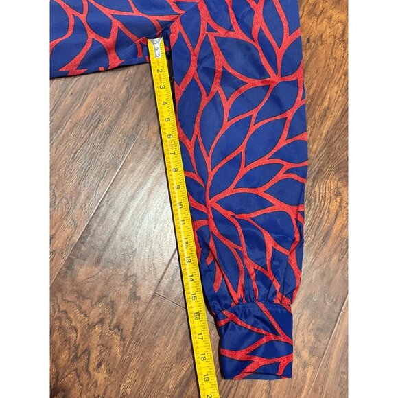 VTG 70s Red & Blue Abstract MCM Print Long Sleeve Blouse Pocket & Lapel Collar - Picture 5 of 10